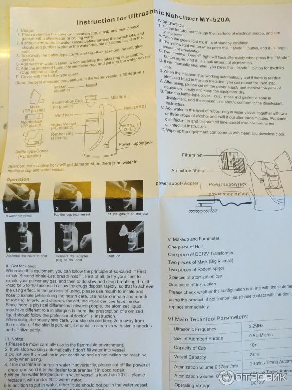 Инструкция к ультразвуковому небулайзеру MY-520A