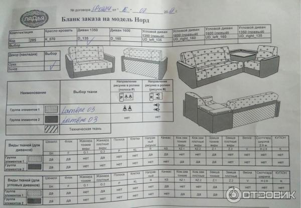 Бланк заказа корпусной мебели образец